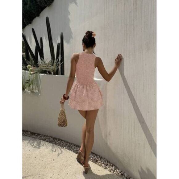 New Blue Plaid Sleeveless Bodycon Mini Dress, Sweet French Style For Vacat - Picture 2 of 7